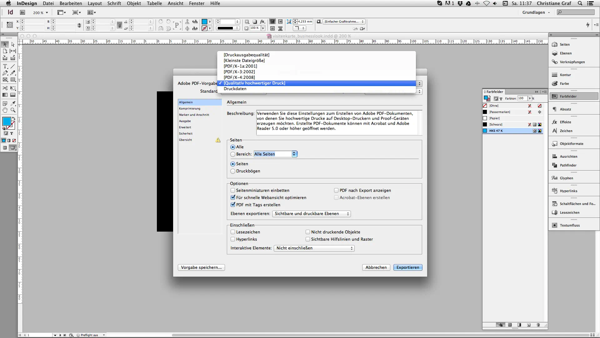 Visitenkarten gestalten mit InDesign: Exportprofil aussuchen