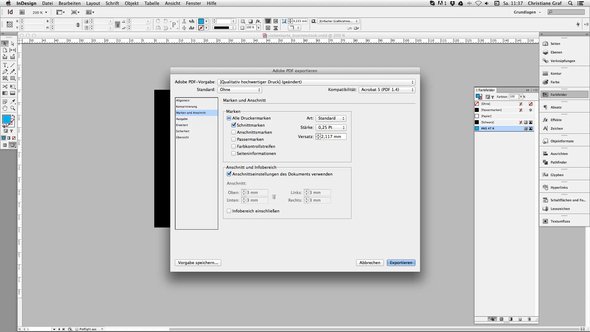 Visitenkarten gestalten mit InDesign: Schnittmarken einstellen