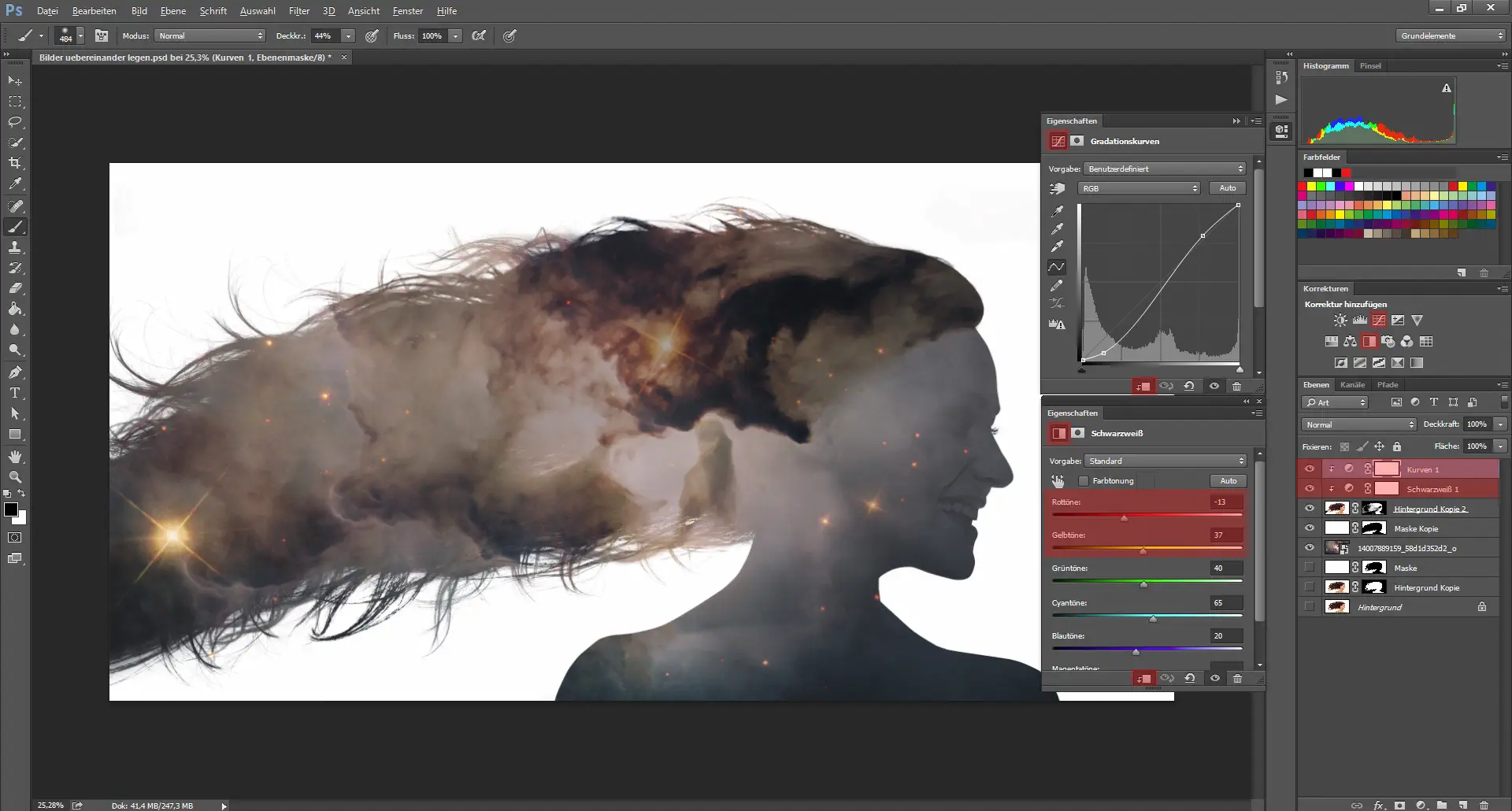 Bilder uebereinander legen 08 Digitales Silhouette Portrait mit Galaxie (8)