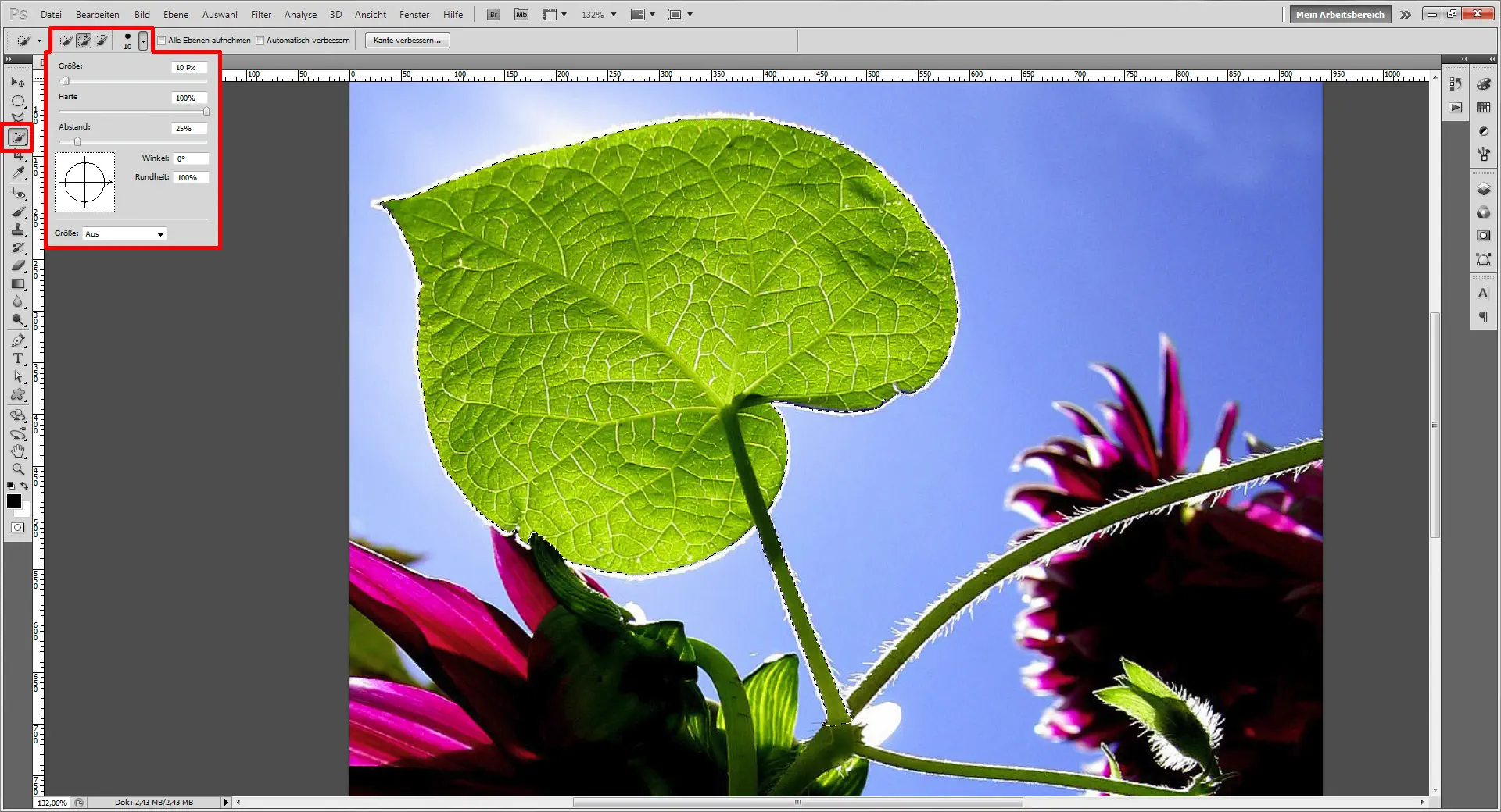  Photoshop Tutorial: grünes Blatt mit zwei lila Blumen dahinter.