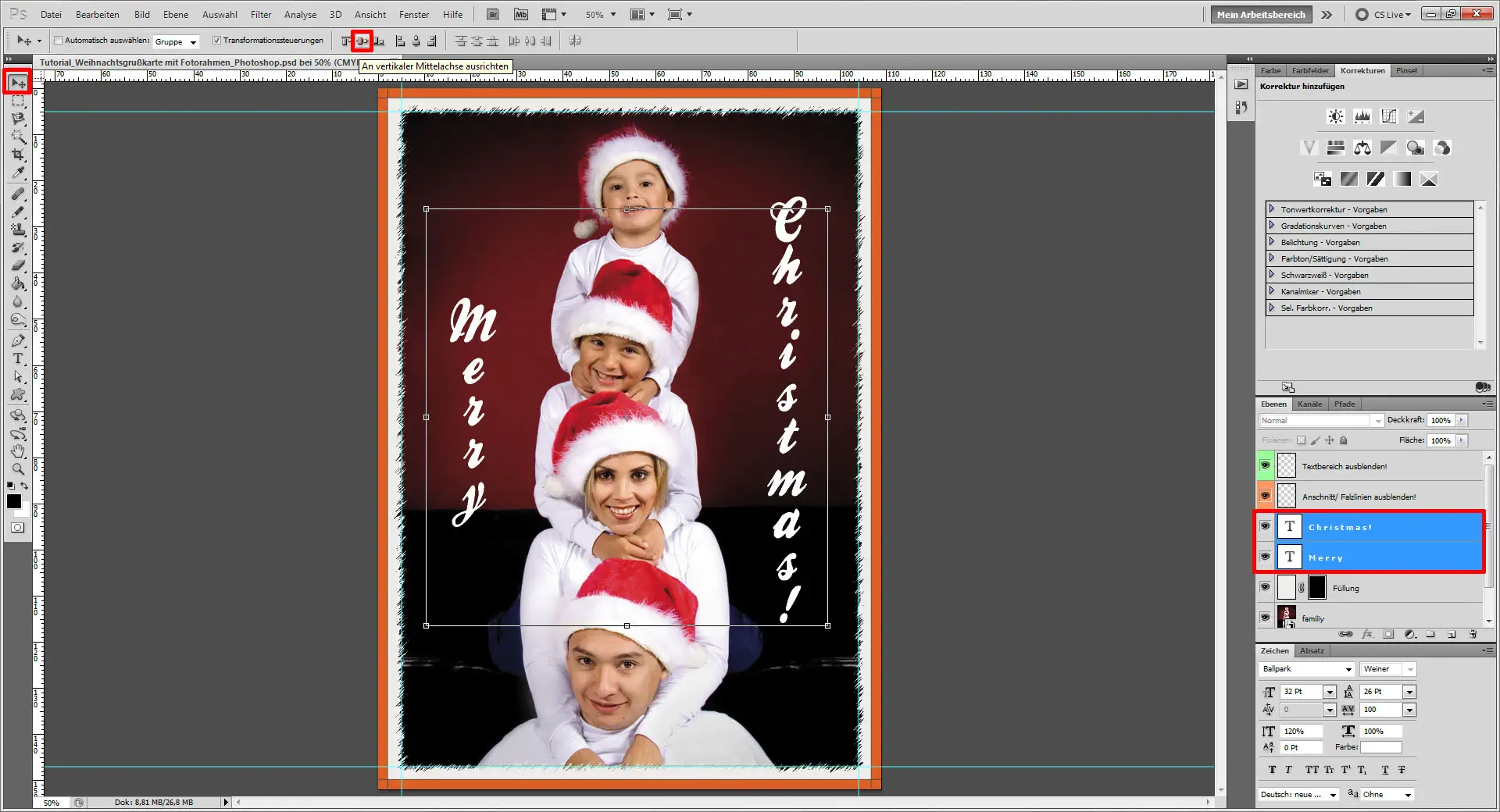Tutorial Weihnachtsgrukarte mit Fotorahmen Photoshop 06 Photoshop Fenster für Zentrierung von Text