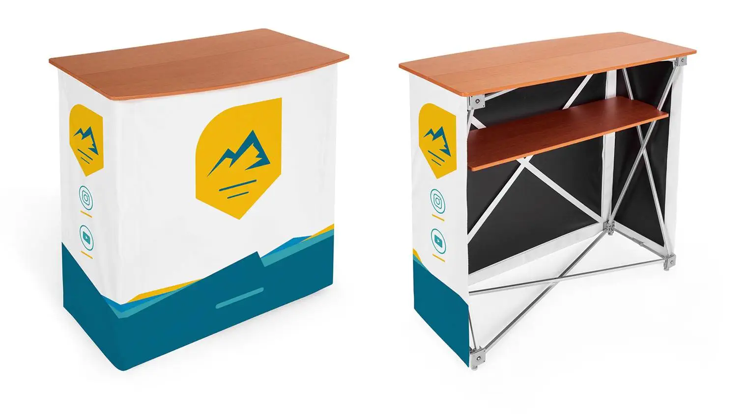 Eckige Falttheke: Textilbanner, rückseitig offen mit Einlegeboden Eckige Falttheke: Textilbanner, rückseitig offen mit Einlegeboden