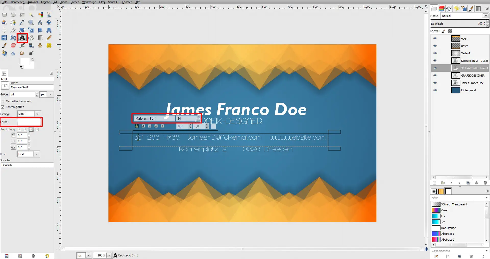 GIMP Tutorial für Visitenkarte Step 15 GIMP Tutorial für Visitenkarte Step 15